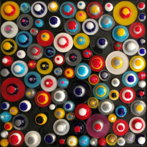 ciclo i festosi, cm 70x70, semisfere e cerchi  in resina su tavola, 2019