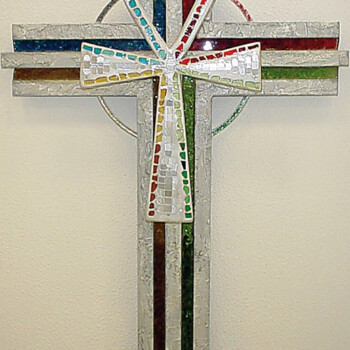 cm 154 x 64 x h 16, scultura in legno, vetro, metallo, stucchi e resina, 2002 croce teosophica, sculture giuseppe portella